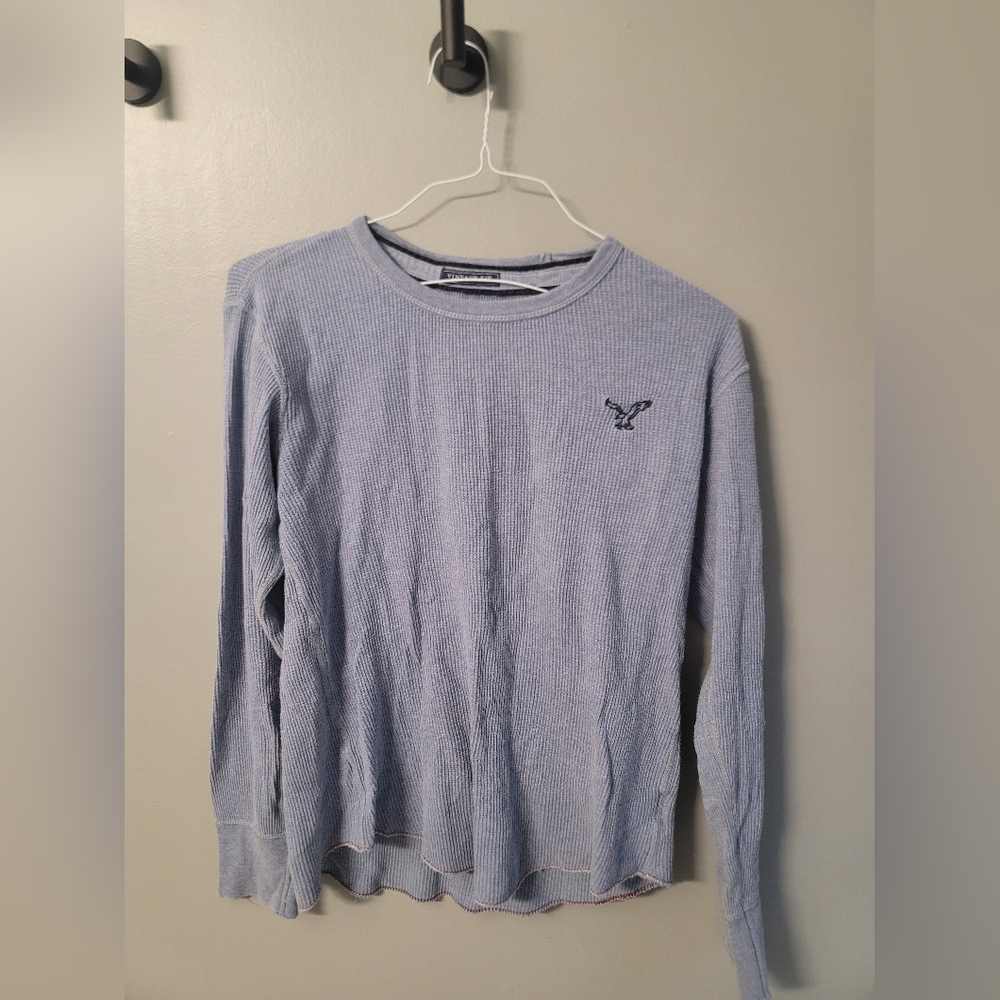 American Eagle Vintage Fit Blue Pleated Long Sleeve Cotton Top Mens Medium